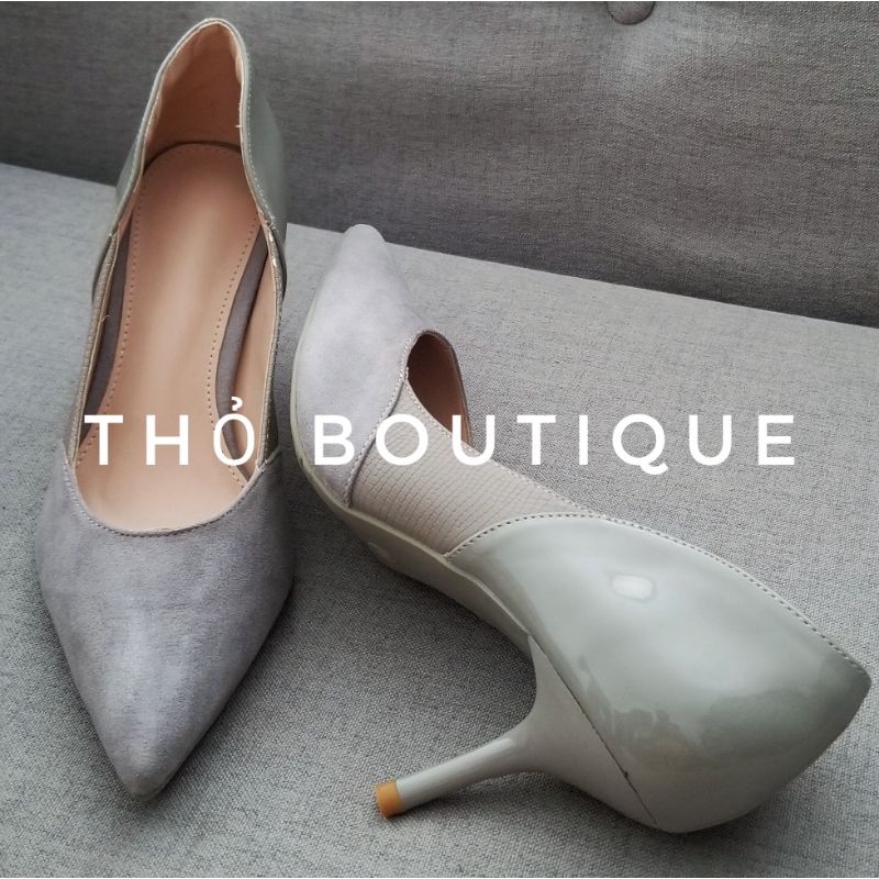 Giày cao gót xuất Âu da lộn phối da bóng 6cm hồng pastel, xanh pastel, xám size 37-38