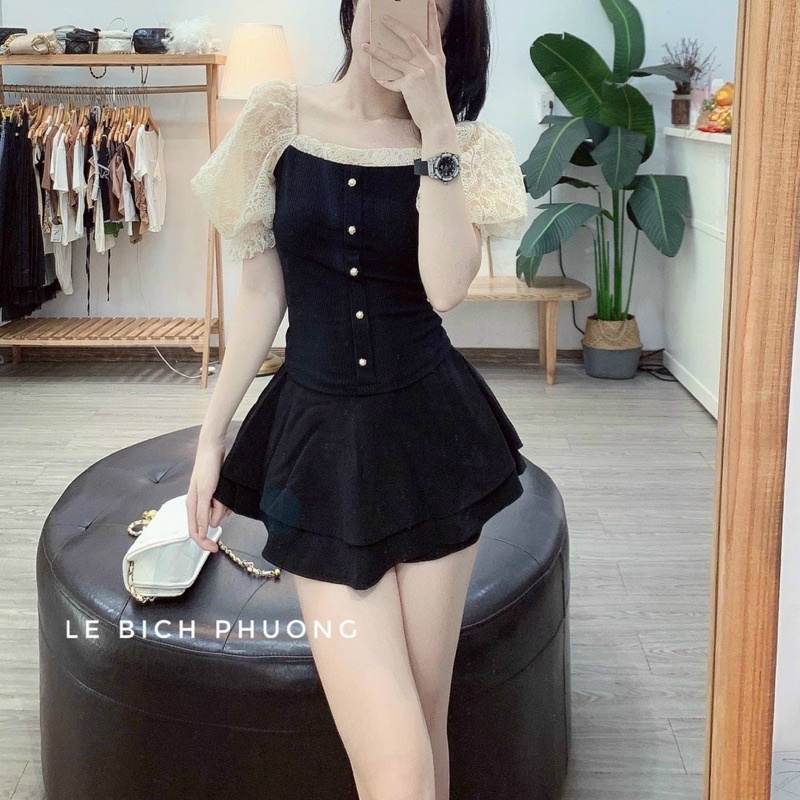 Áo kiểu cổ vuông tay ren chất thun zip vai bồng cúc giữa AK6507 - NhiNhi Shop