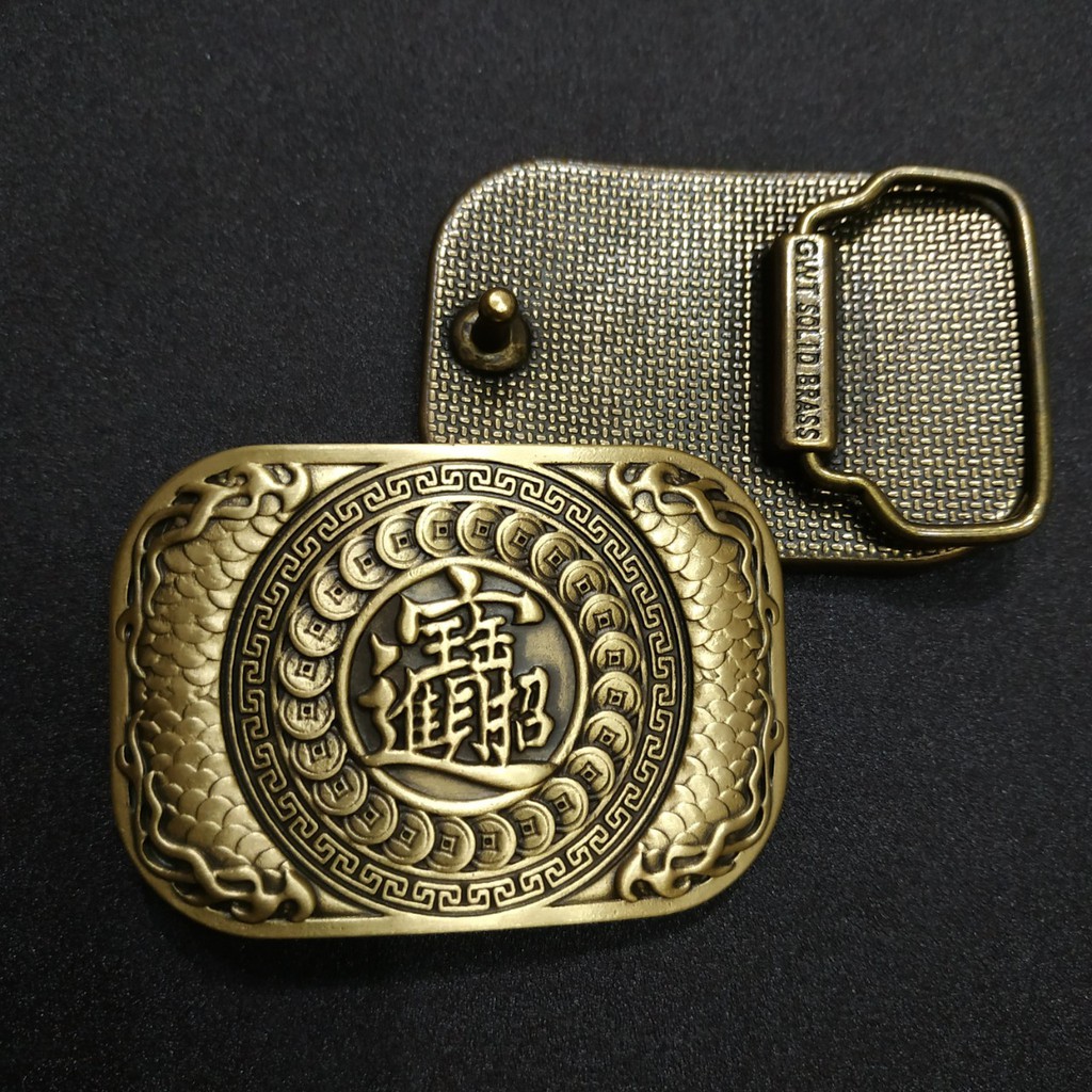Mặt khóa thắt lưng đồng đúc 5x7cm hình rồng phượng hổ kim tiền