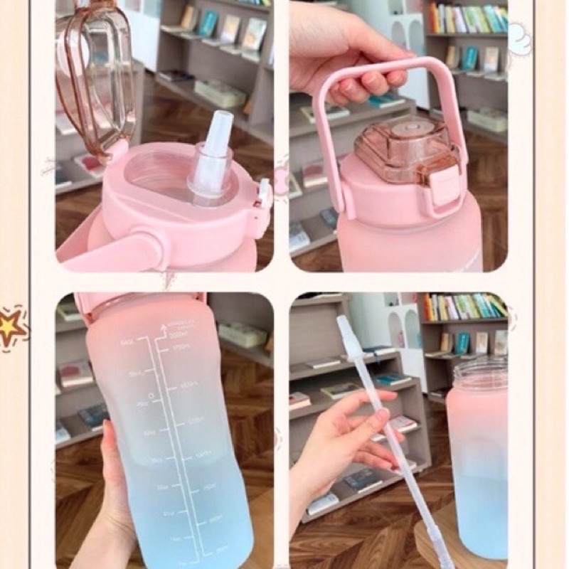 Bình đựng nước 2L có ống hút, vạch chia nhắc giờ uống nước, hình dán dễ thương, nhiều màu, siêu đẹp, siêu nhẹ