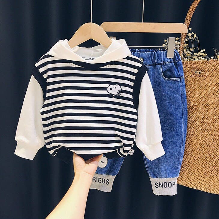 Bộ chó snown kẻ kèm quan jean cho bé0