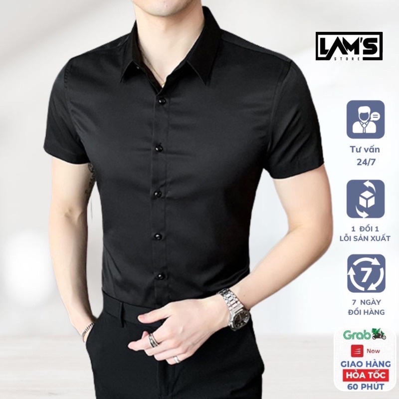 Áo sơ mi nam trắng ngắn tay LAM'S STORE vải trơn, vải chống nhăn, cổ bẻ, dáng slimfit công sở không túi ngực