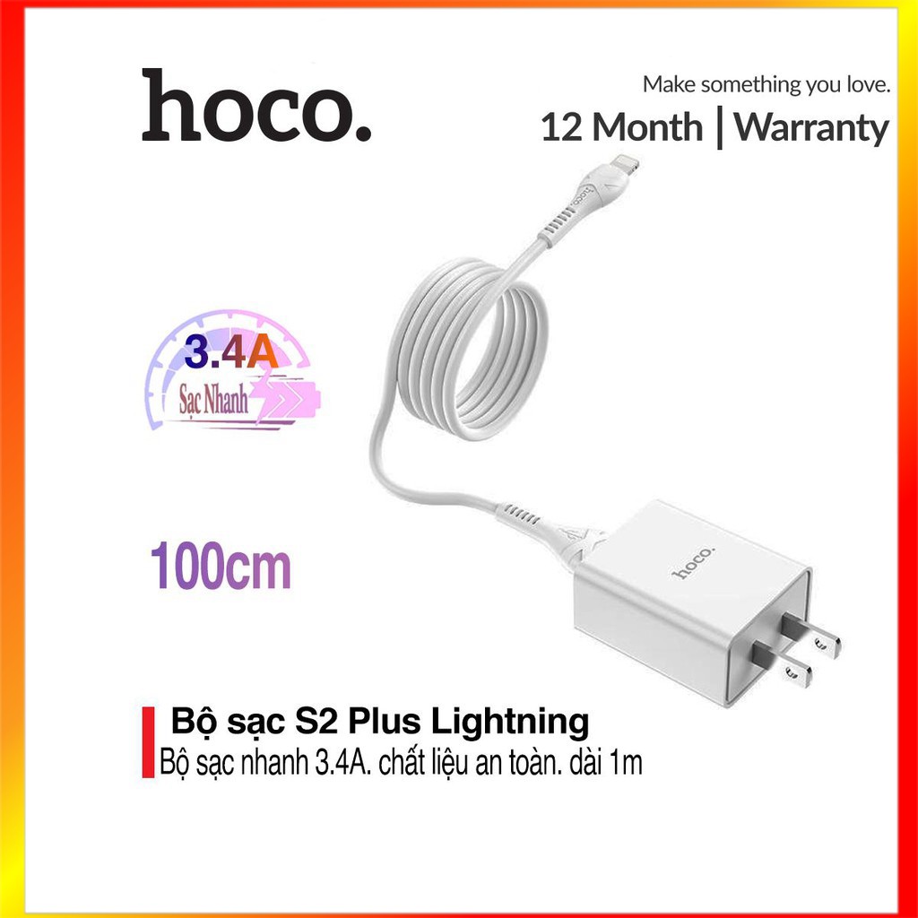 Bộ sạc Hoco S2 PLus dòng điện 3.4A Max cho tốc độ sạc tối đa, chất liệu PC bền chắc cao cấp (Micro và Lightning)  - Smar