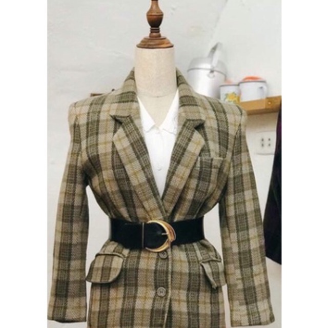 Pass áo khoác dạ kẻ vintage cầu vai đứng