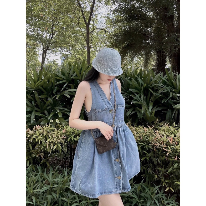 Đầm Jeans Nữ 3 Lỗ Dáng Ngắn 🦋 Váy Nữ Xòe Vải Bò Cúc Cài FullSize 🦋