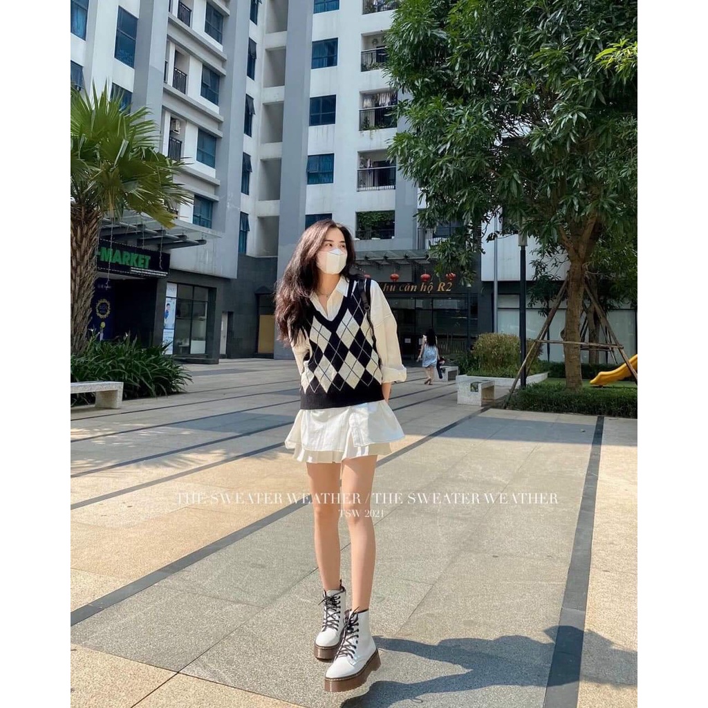 Áo len quả trám cổ polo Áo len croptop phong cách cổ điển sang chảnh