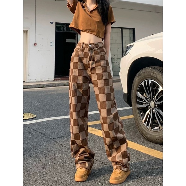 ORDER_ Quần jeans caro nâu ống suông đứng cạp cao