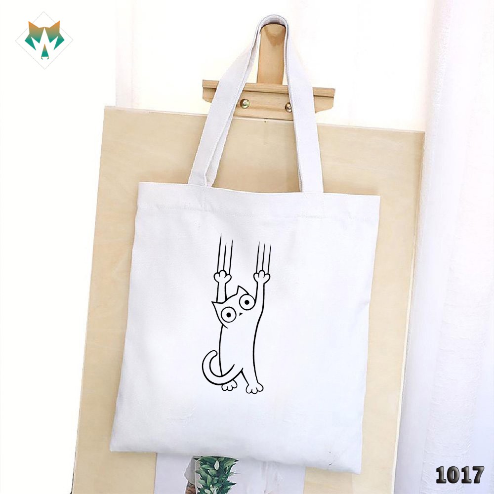 TÚI TOTE TRẮNG CHẤT VẢI CANVAS 1017 480 CAT CÀO XƯỚC DỄ THƯƠNG HÀNG CHUẨN ĐẸP