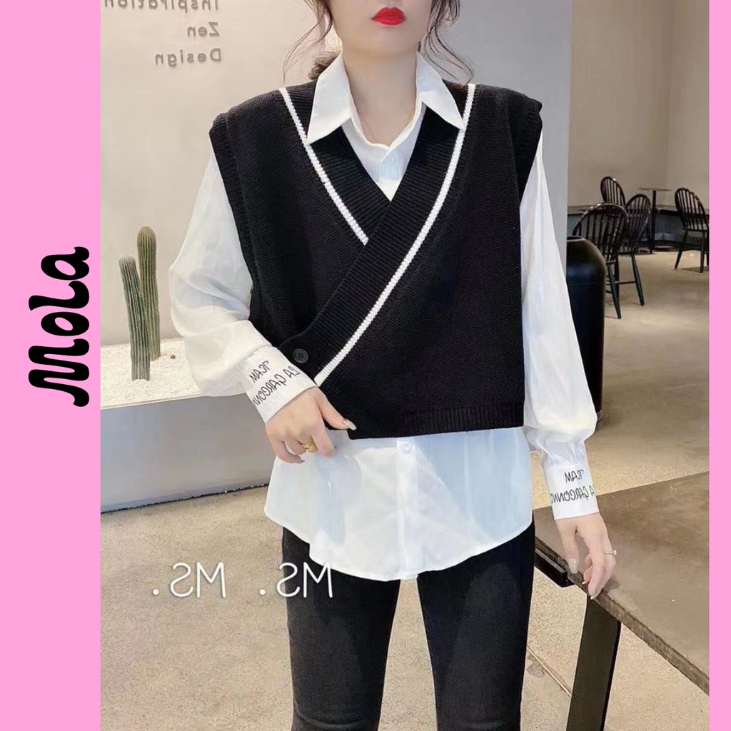 Áo Sơ Mi Phối GiLe Trắng MOLA Form Rộng Dài Tay Thêu Chữ Kiểu Tay Bo Phồng Dáng Dài Phong Cách Hàn Quốc Mix Kèm áo Gile | BigBuy360 - bigbuy360.vn