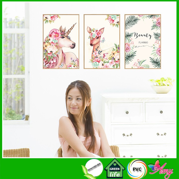 Tranh decal dán tường 3D [GIÁ SĨ] hình Kỳ lân màu hồng AmyShop