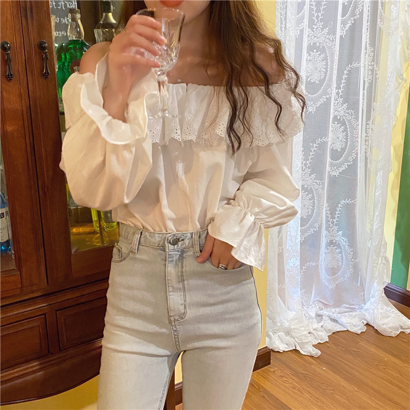 Áo kiểu tay dài trễ vai màu trắng thời trang 36820