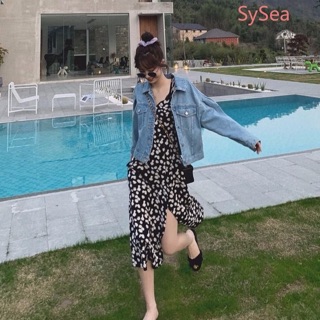 Đầm hoa cúc 2 dây vải lụa đen, tím