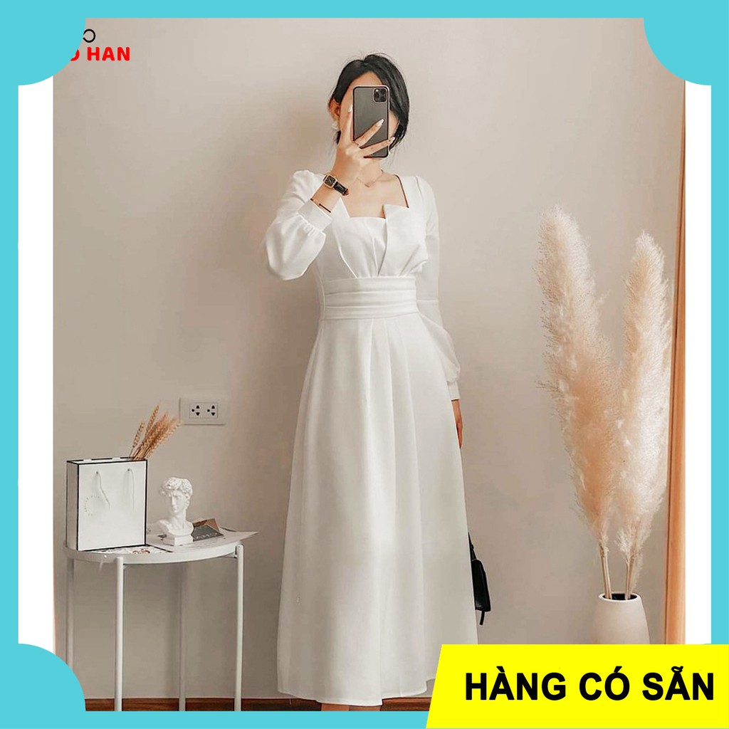 [BIGSIZE MOOHAN] ⚡️𝐌𝐈𝐄̂̃𝐍 𝐏𝐇𝐈́ 𝐒𝐇𝐈𝐏⚡️ĐẦM BIGSIZE TRẮNG CỔ VUÔNG XẾP LY TAY DÀI DÁNG XÒE, ĐẦM ĐÁM CƯỚI