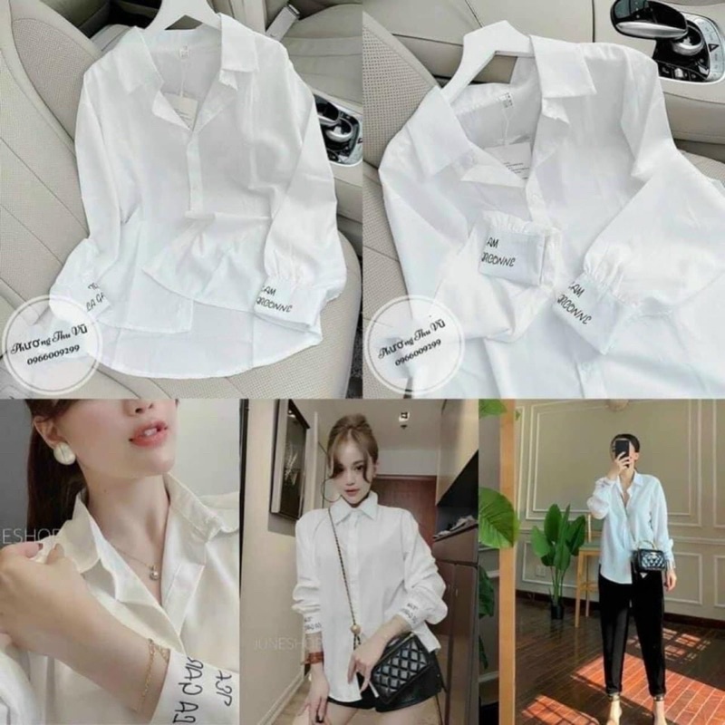 Áo sơ mi trắng nữ in chữ điểm tay