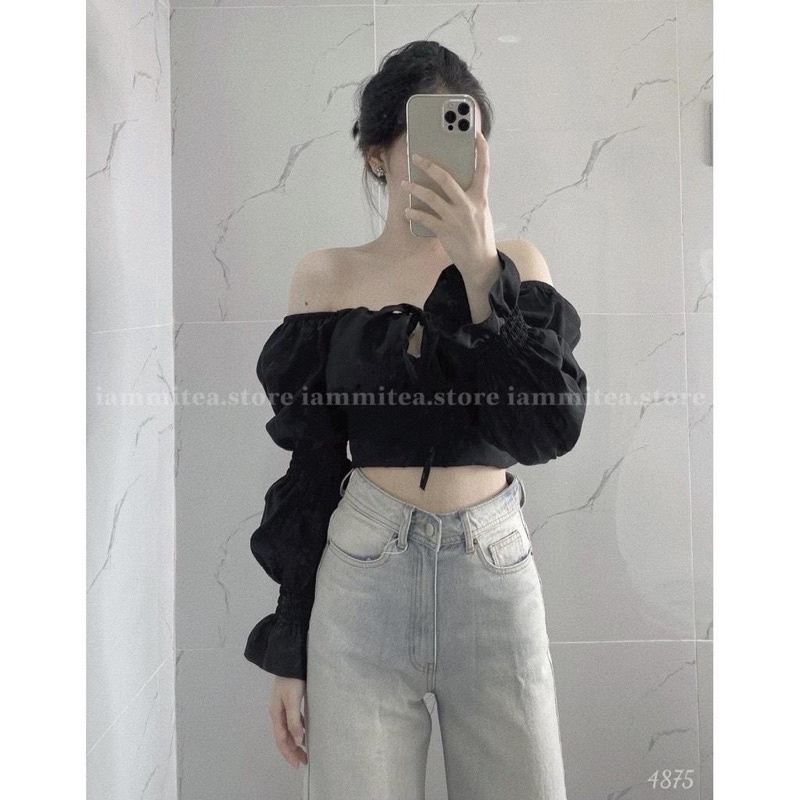 Áo croptop cổ V cột dây tay dài bồng