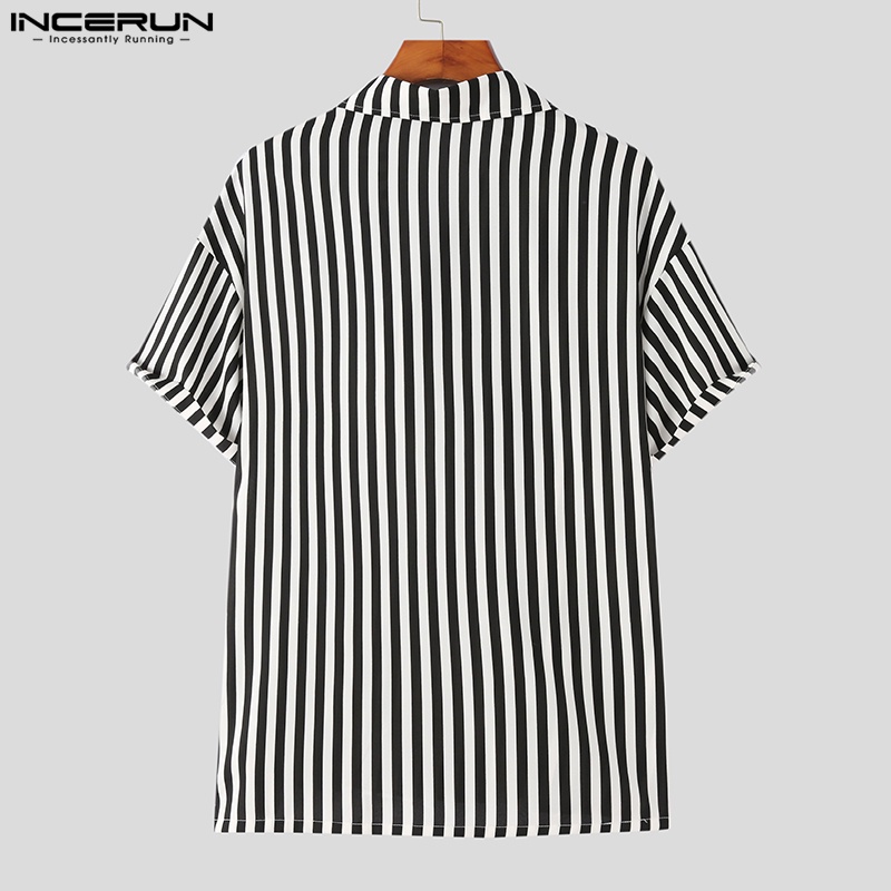 Áo sơ mi INCERUN tay ngắn cài nút họa tiết kẻ sọc phong cách Hàn Quốc trẻ trung thời trang dành cho nam