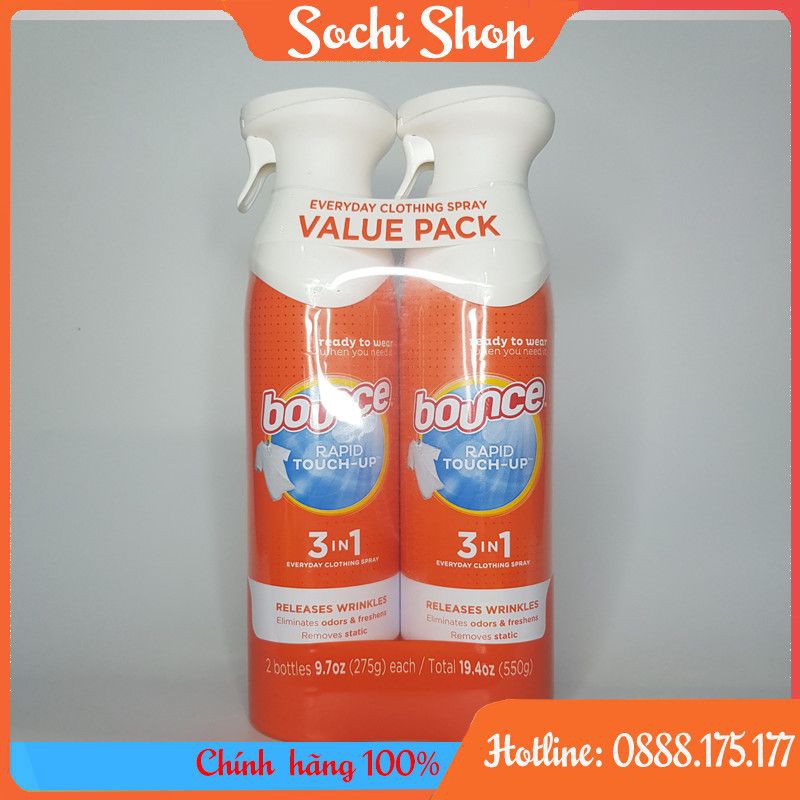 Nước Xịt Chống Nhăn, Khử Mùi Quần Áo Bounce Rapid Touch-up 3 in 1