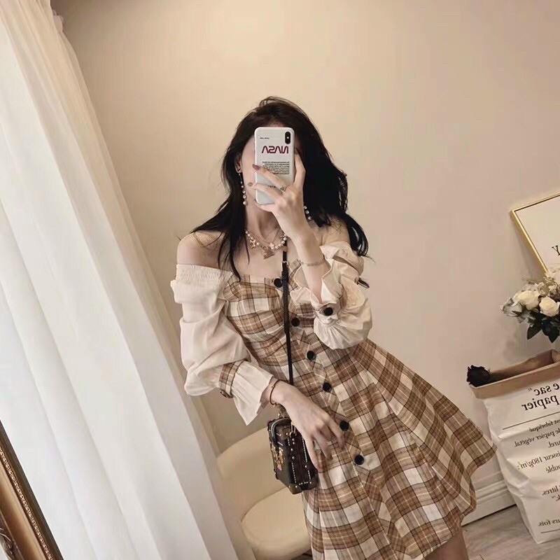Đầm kate phối voan caro hồng xinh xắn Form dáng y hình