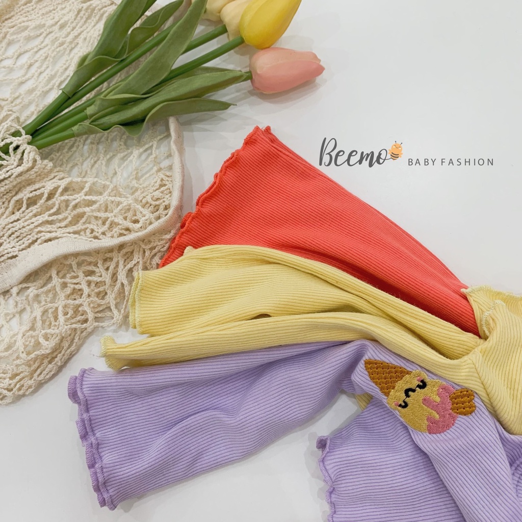 Bộ Cộc Thun Tăm Bé Gái Beemo Thêu Ngực Xoăn Biên Mềm Mại Màu Trơn Cực Sang