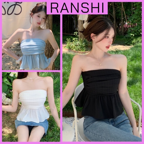 Áo Croptop Không Dây Hở Lưng Ranshi Áo Ống Dáng Xoè Xếp Ly Có Chun Co Giãn Sau Lưng - Ra065