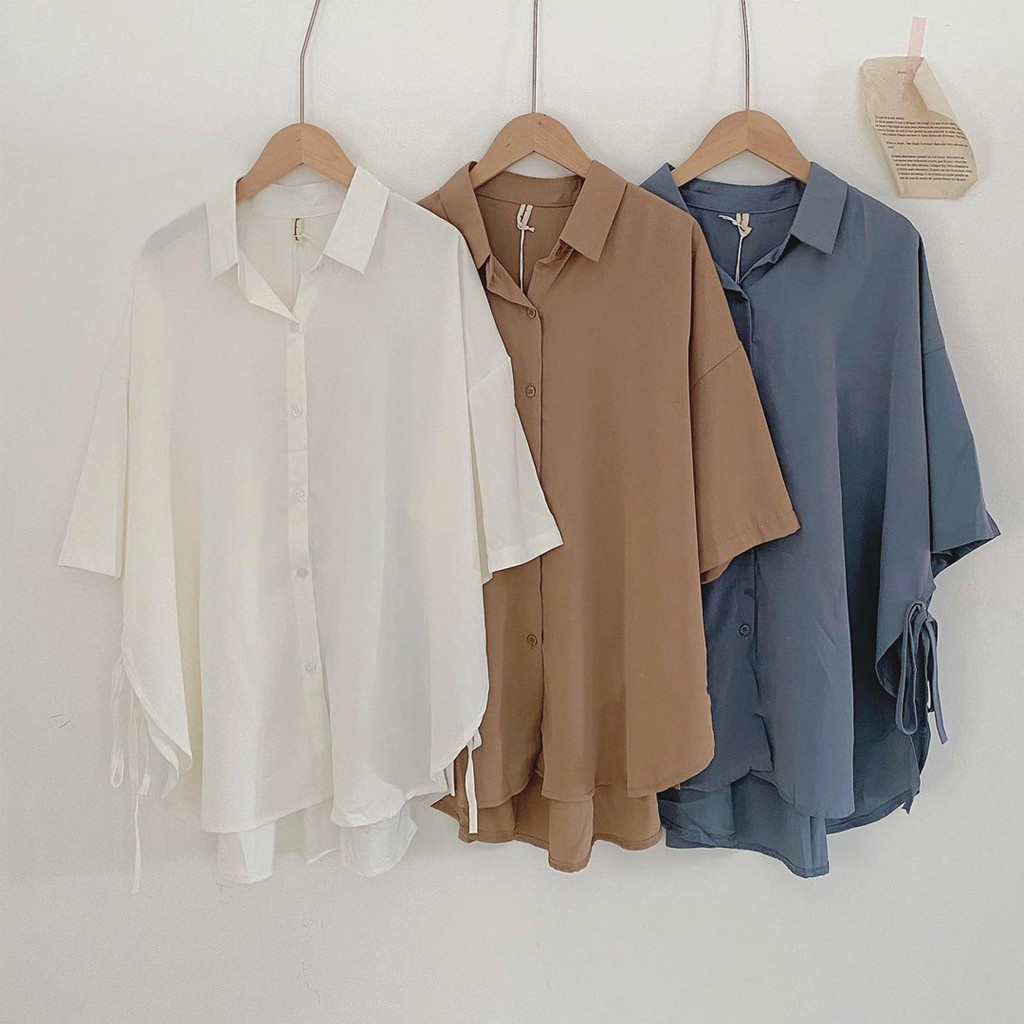Áo sơ mi nữ phom rộng rút dây sườn hottrend phong cách vintage hàn quốc trẻ trung năng động chất đũi mát