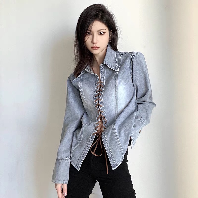 A001 Áo bò mùa thu ulzzang dây buộc thiết kế áo sơ mi Denim jackets tay dài siêu xinh màu phai đẹp
