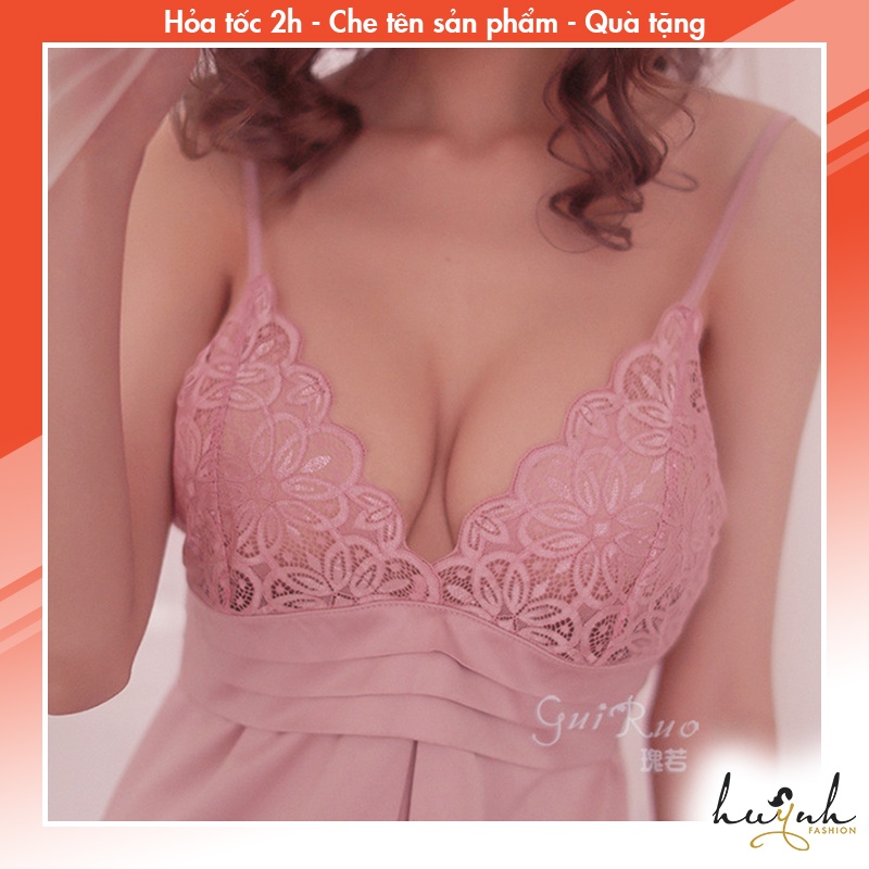 Váy ngủ hai dây phối ren chân ngực xếp ly cao cấp GUIRUO - N64