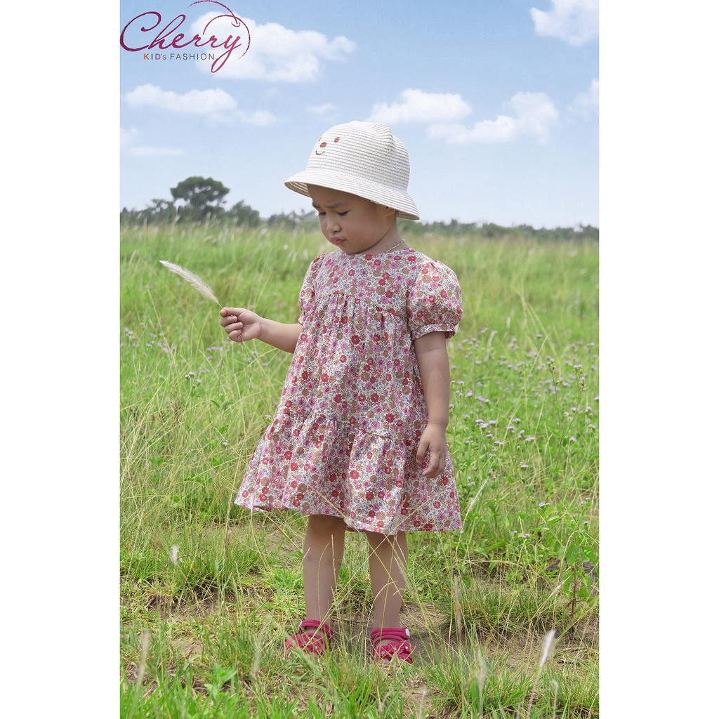 Váy bé gái thương hiệu Cherry Kids, dáng tay bồng baby doll họa tiết hoa nhí đỏ