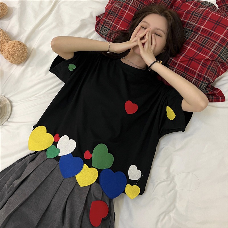 Áo thun ZHELIHANGFEI vải cotton tay ngắn dáng rộng in hình trái tim dễ thương dành cho nữ