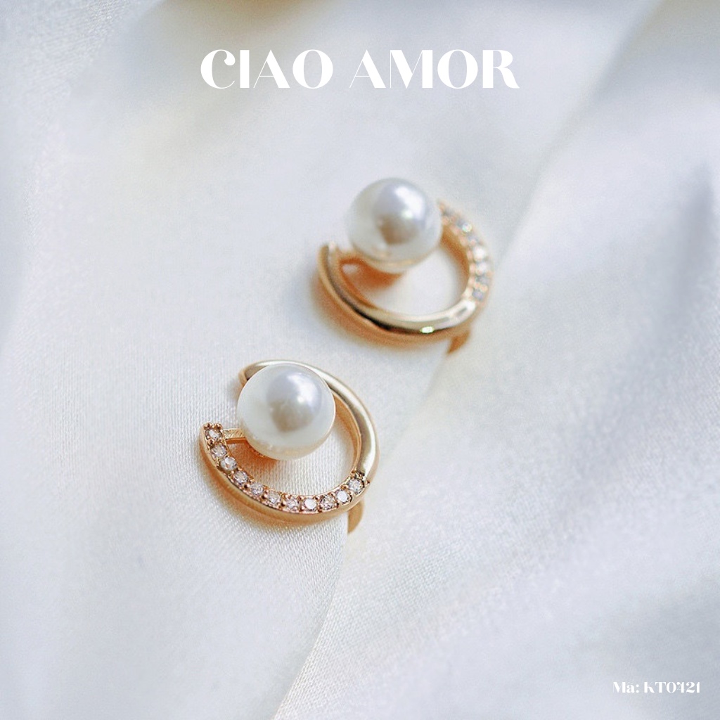 KT0421-Khuyên tai nữ, Bông tai nữ nụ tròn bạc 925 vòng nhỏ đính ngọc giữa Trang sức Ciao Amor