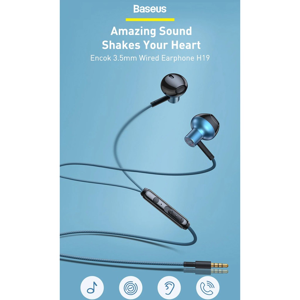 Tai nghe Baseus H19 jack cắm 3.5mm, mic đàm thoại và điều chỉnh âm lượng, âm thanh sống động, dài 1.2m ( Xanh )