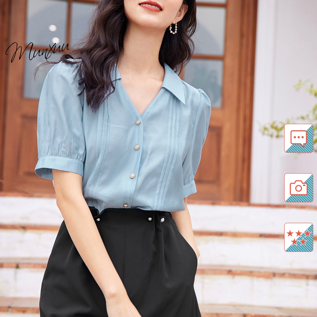Áo sơ mi nữ ngắn tay Munxuu kiểu dáng basic, chất Tơ phối ngọc thời trang công sở - SP46