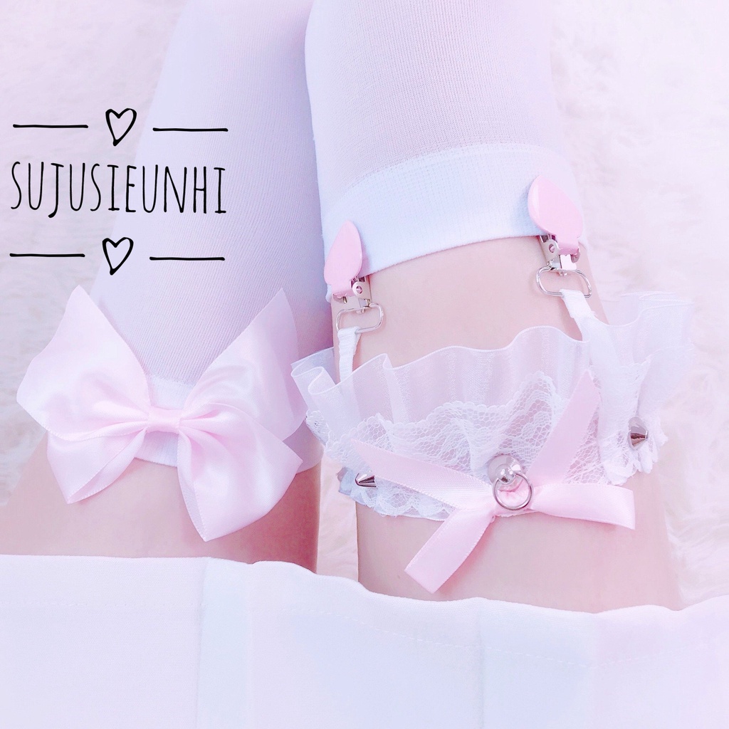 (2 màu) Đai kẹp giữ tất/vớ, garter ren nơ tán đinh bèo nhún đính trái tim lolita