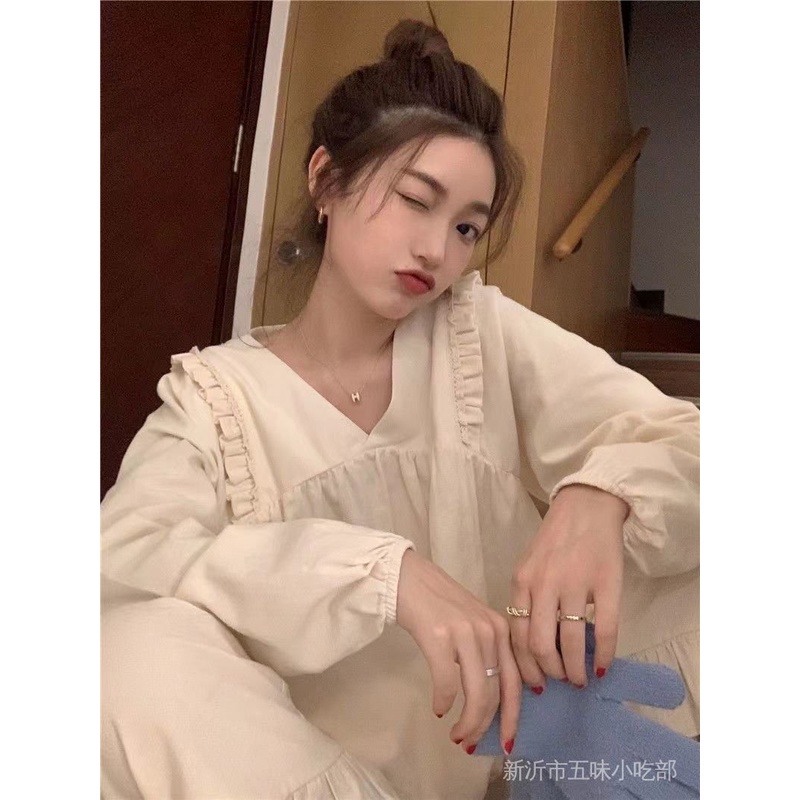 Bộ Đồ Ngủ Tay Dài Cổ Chữ V Dáng Rộng Thời Trang Thu Đông Phong Cách Pháp Mới Cho Nữ