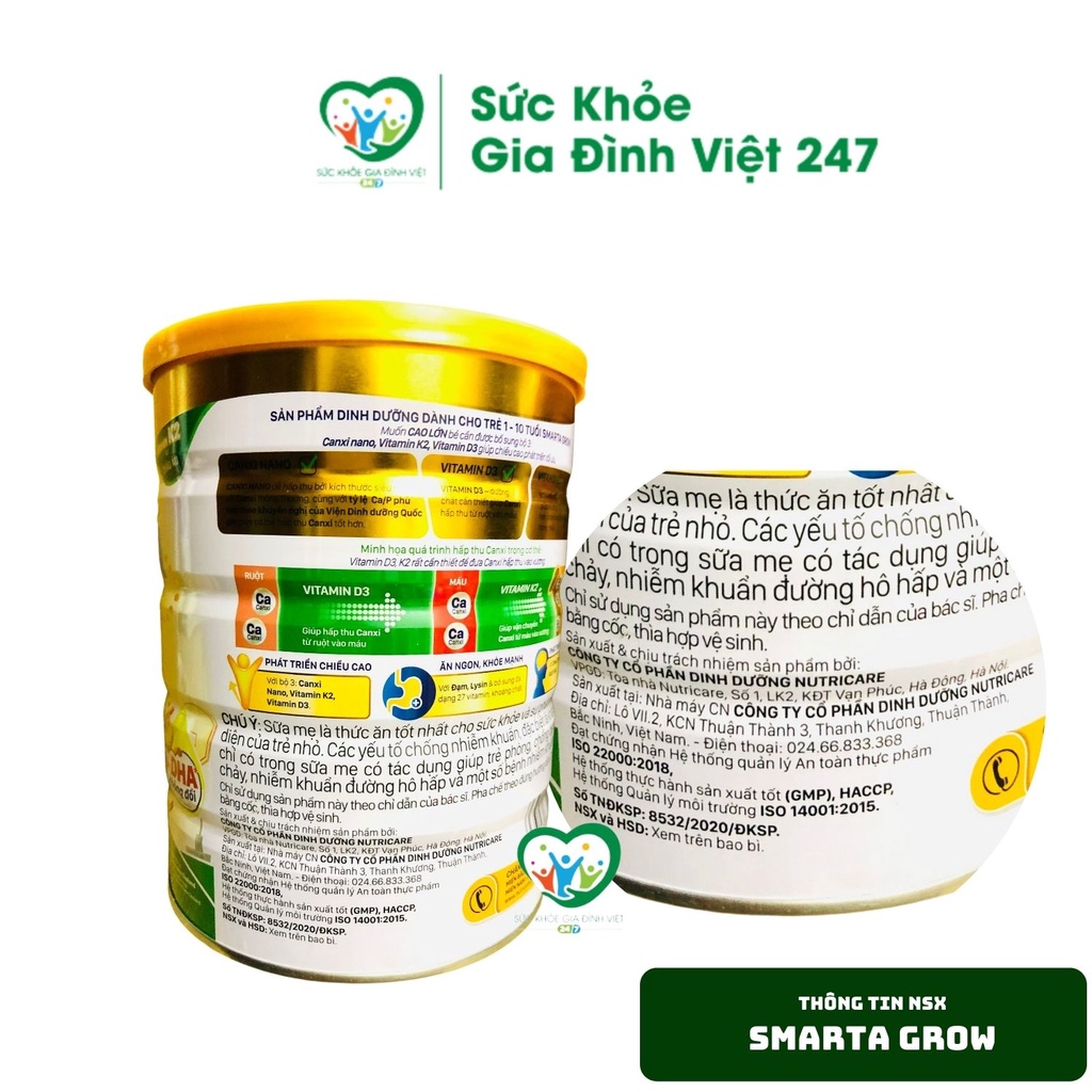 Sữa bột Smarta Grow Phát triển chiều cao, Não bộ (900g)