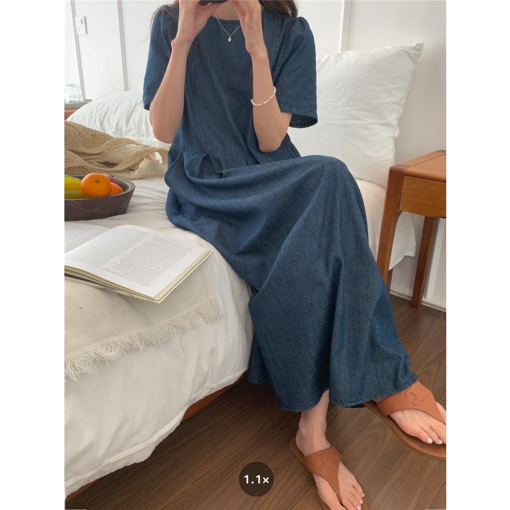 Đầm Denim Chui Đầu Cổ Tròn Ngắn Tay Thời Trang Sành Điệu 63899