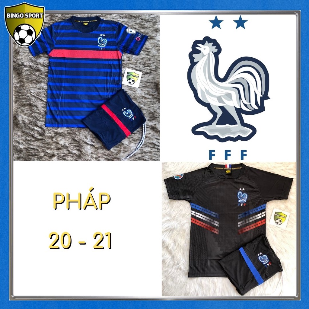 Quần Áo Bóng Đá Thun Lạnh 4 Chiều Logo Thêu Nổi Tuyển PHÁP Sân Nhà Xanh, Khách Trắng, Đen BINGO SPORT