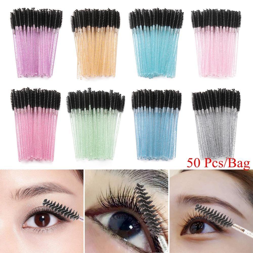 EUCA Set 50 Cọ Trang Điểm Lông Mi Tay Cầm Đính Đá Pha Lê Sử Dụng Một Lần