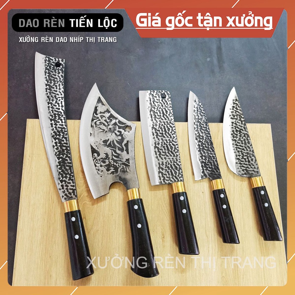 Bộ Dao Nhà Bếp Đa Năng - Rèn Từ Thép Nhíp Dập Vân 2 Mặt, Dùng Chặt Cây, Chặt Xương, Thái Lọc Thịt