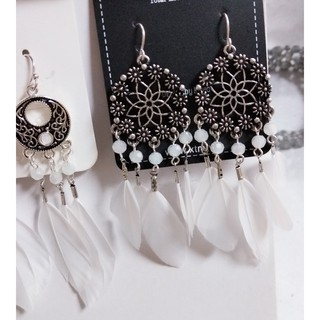 SALE khuyên tai bohemian khuyên tai hợp kim mạ bạc gắn lông vũ Thời trang Boho tua rua nữ tính