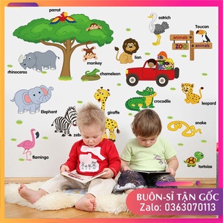 Tranh decal, decal dán tường từ vựng tiếng anh về loài vật cho bé, hình dán sticker cho bé