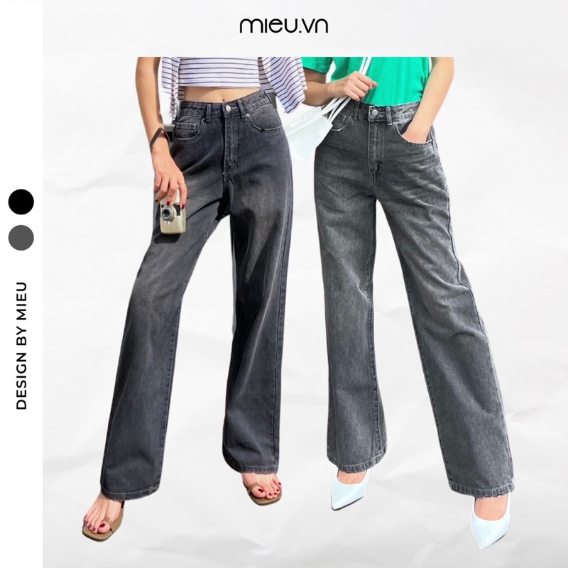 Quần jeans nữ MIEU xám dáng suông lưng mài rách - JA21