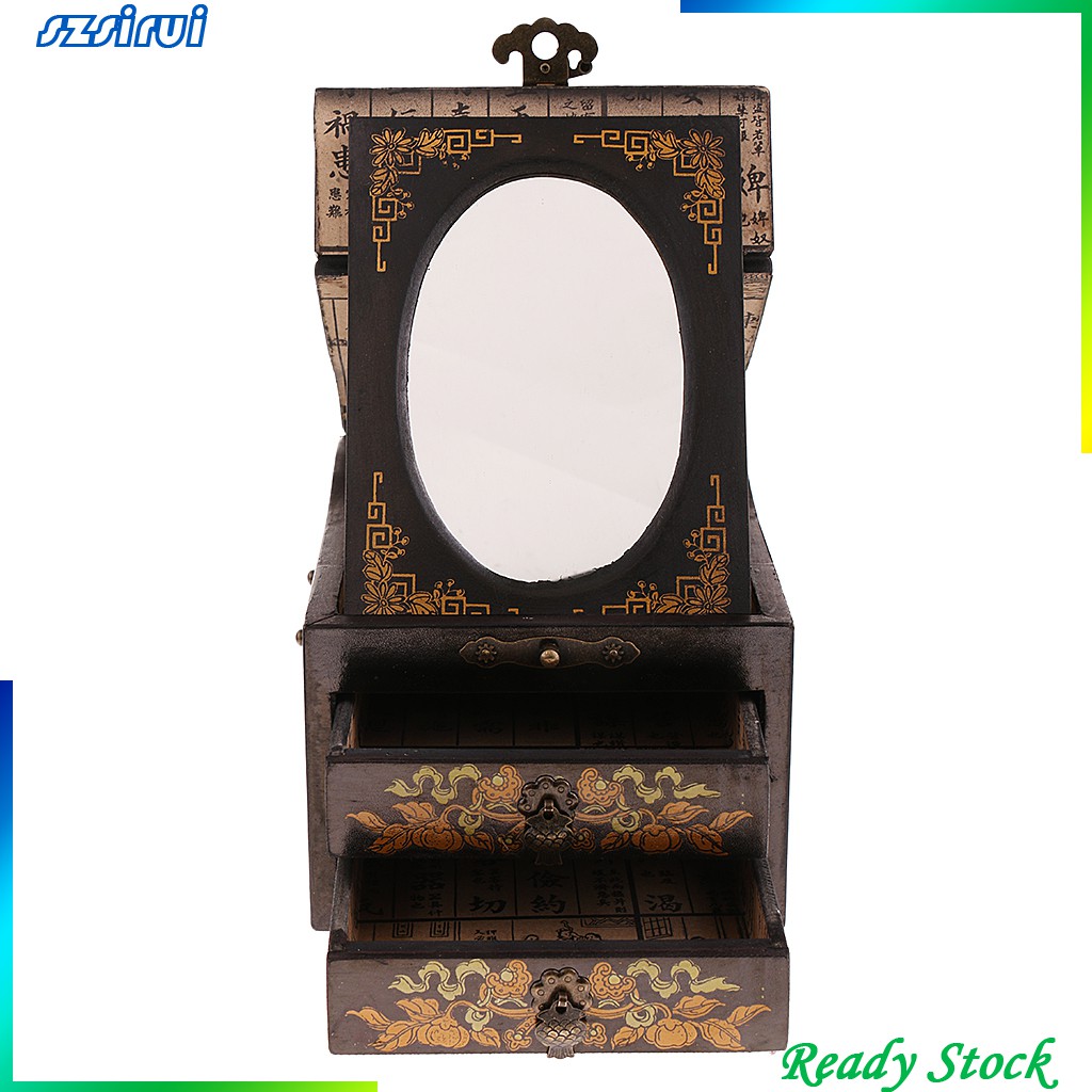 Hộp Đựng Trang Sức Bằng Gỗ 2 Ngăn Kéo 1 Gương Phong Cách Vintage Ốp