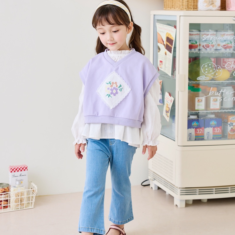Áo gile Bebezoo nỉ da cá cổ tim đáp hoa ngực 2 màu tím / hồng