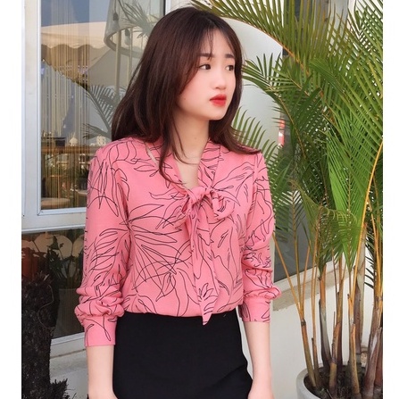Áo sơ mi nữ công sở lụa tay phồng thắt nơ hàng thiết kế ALALA phong cách Hàn Quốc