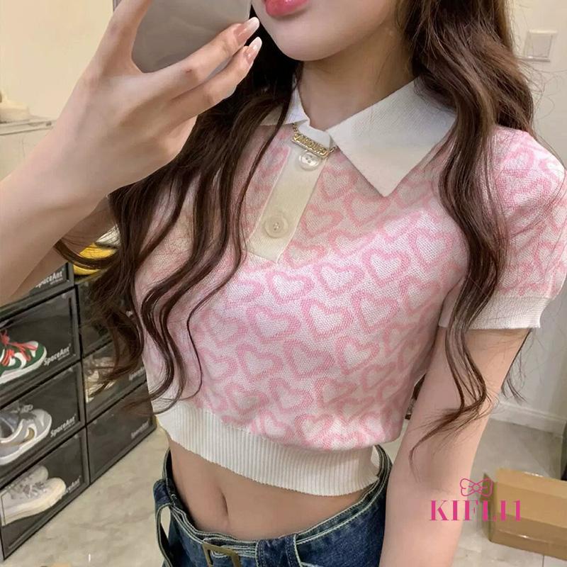 🌈Áo Croptop Dệt Kim Tay Ngắn Cổ Polo Dáng Ôm Thời Trang Mùa Hè Quyến Rũ Cho Nữ