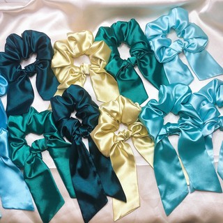 Cột tóc scrunchies nơ màu trơn tone xanh