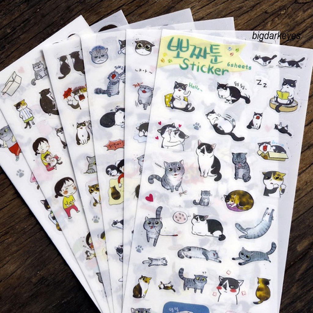 Set 6 Tấm Hình Dán Trong Suốt Họa Tiết Mèo Hoạt Hình Dễ Thương Dùng Để Trang Trí Nhật Ký / Sổ Tay