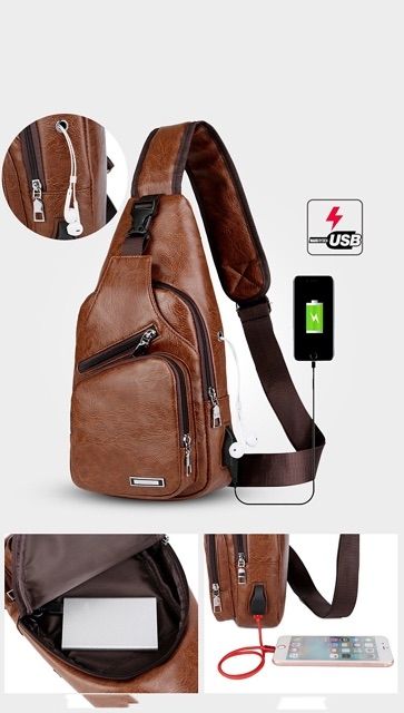 Túi chéo da trơn nam nữ thời trang cao cấp có cổng sạc USB