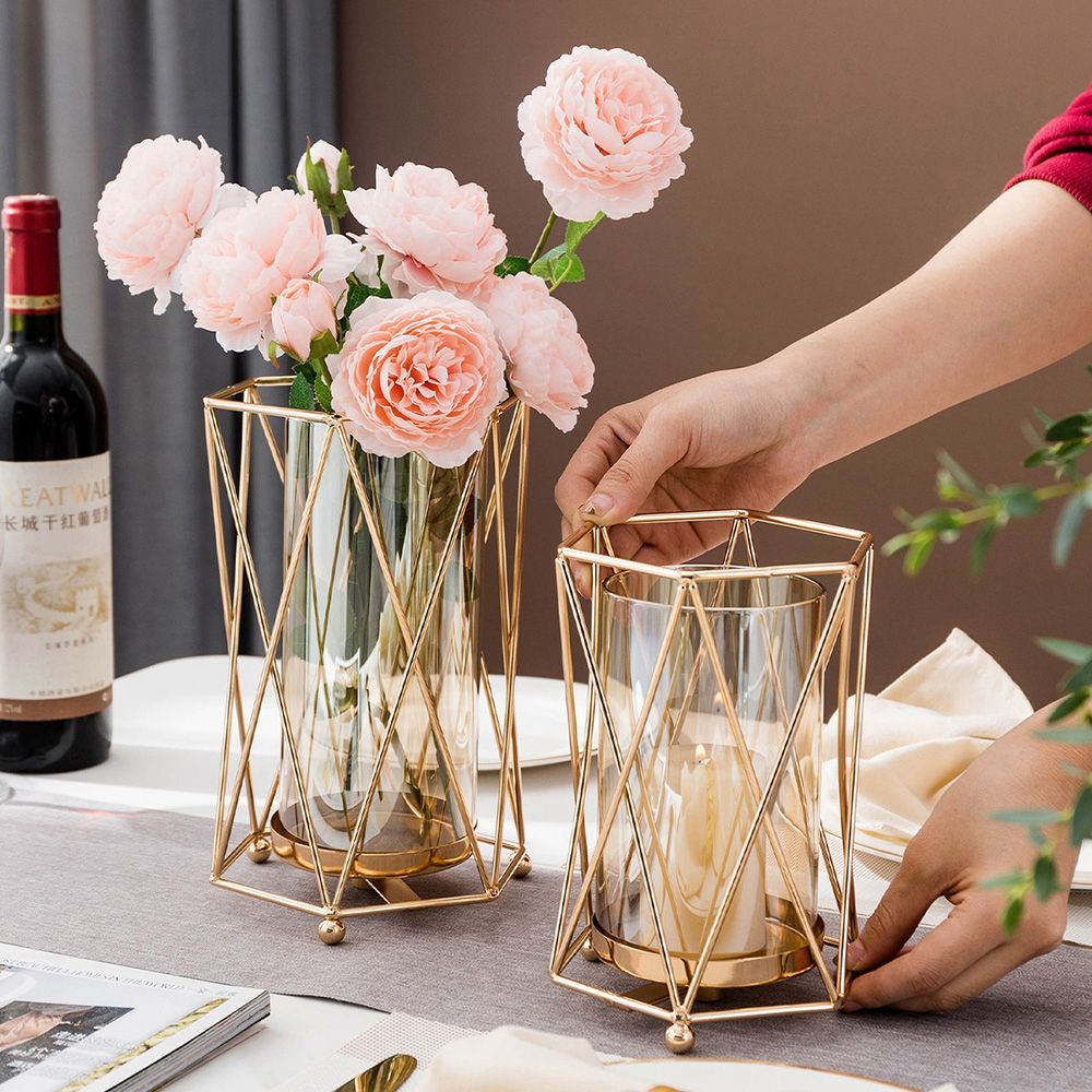 Đế nến kim loại phối thủy tinh kiểu dáng hiện đại trang trí salon/tại nhà